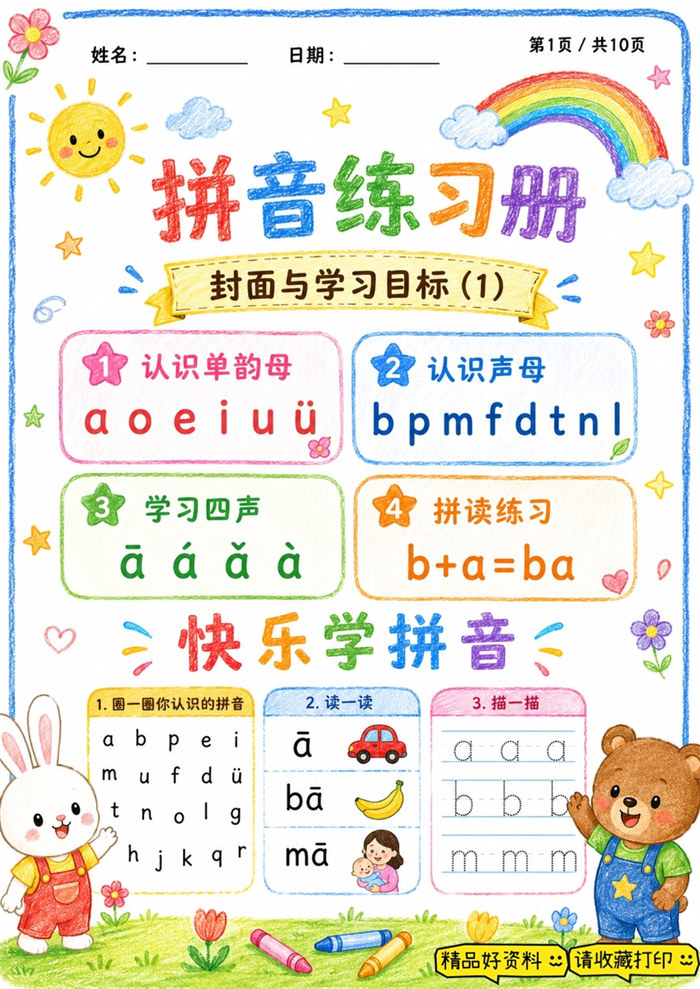 【10页高彩版】幼小拼音练习册，零基础循序渐进拼读.pdf