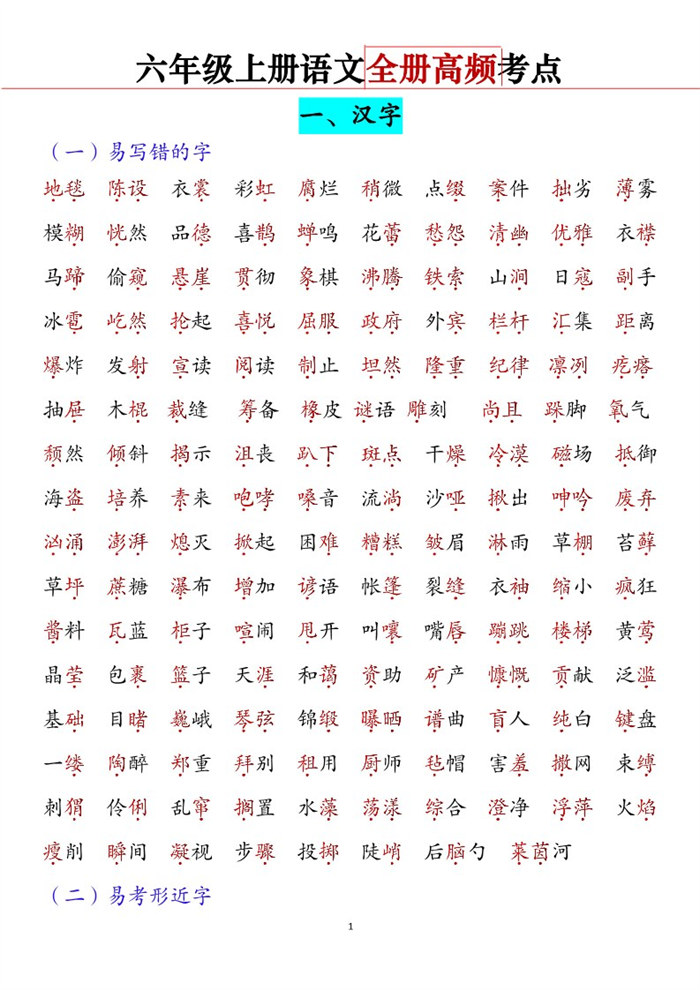 【2026高清19页】六(上)语文全册高频考点.pdf