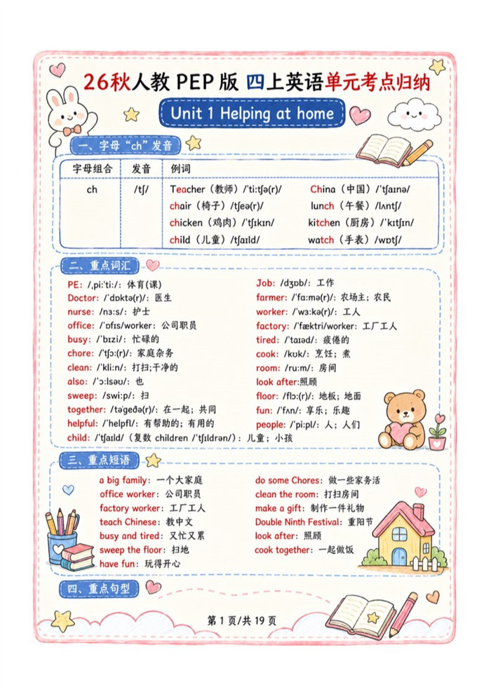 【高彩版19页】26秋四年级(上)英语基础知识默写单《人教版PEP》.pdf