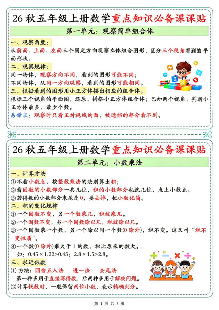 【5页完整版】26秋5年级数学上册《单元重点知识必备课课贴》人教(1).pdf