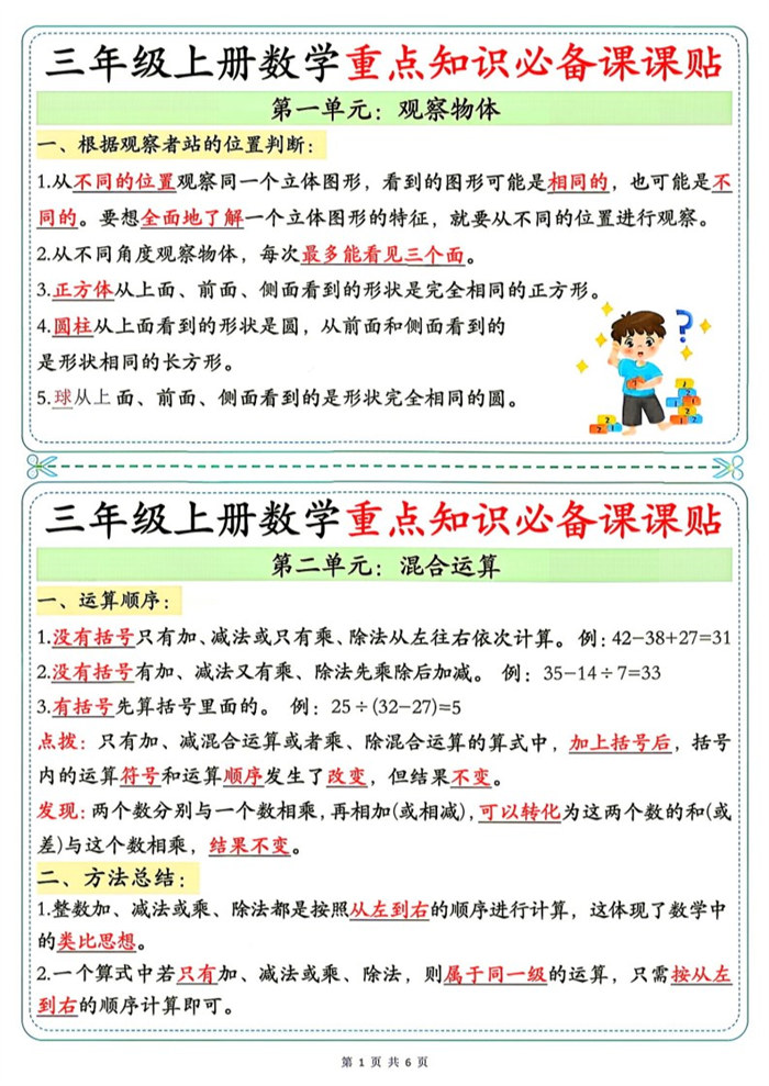 【6页完整版】26秋3年级数学上册《单元重点知识必备课课贴》人教(1).pdf