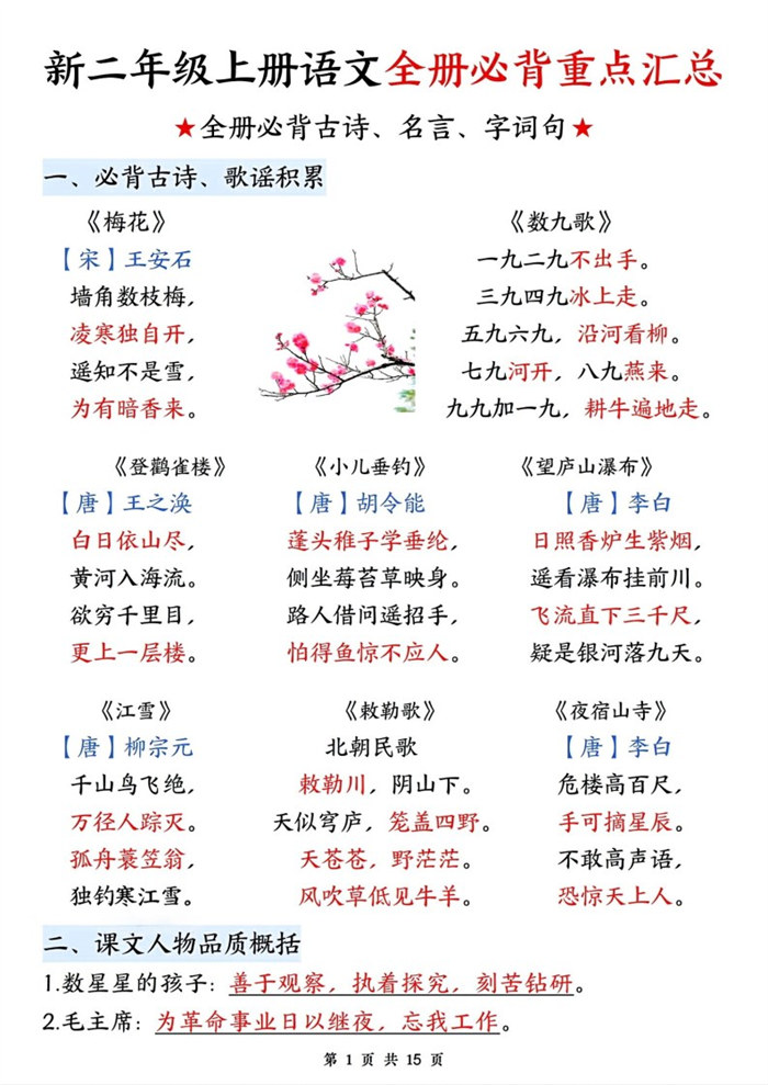 【6页完整版】26秋二年级上册语文全册必背重点汇总-梅花.pdf