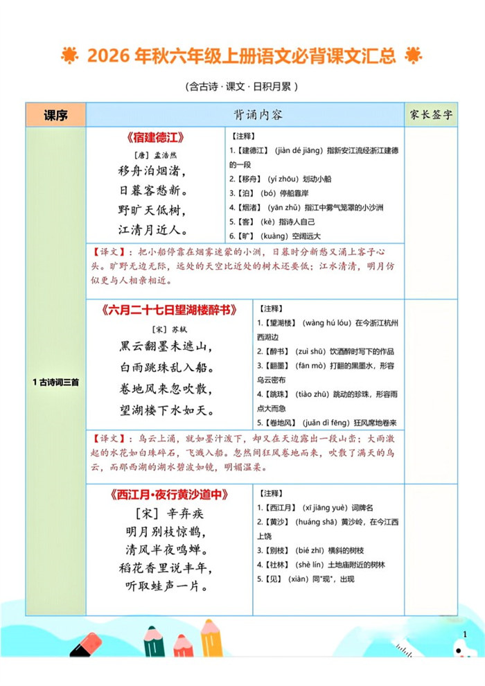 【7页完整版】26秋六年级上册语文必背课文汇总.pdf