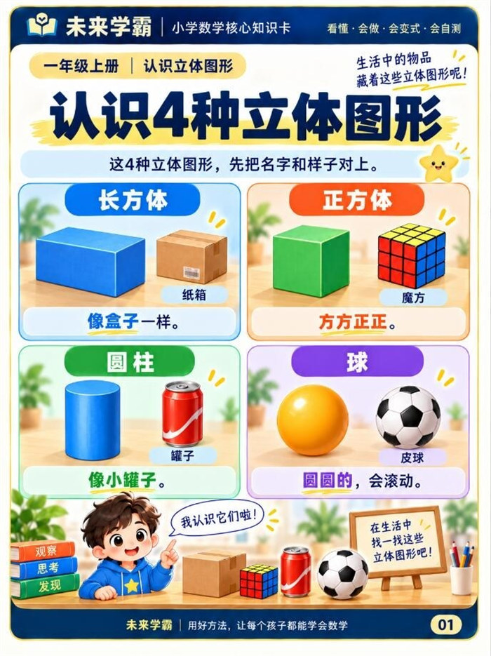 【8页高彩版】26秋一年级立体图形｜长方体 正方体 圆柱 球.pdf