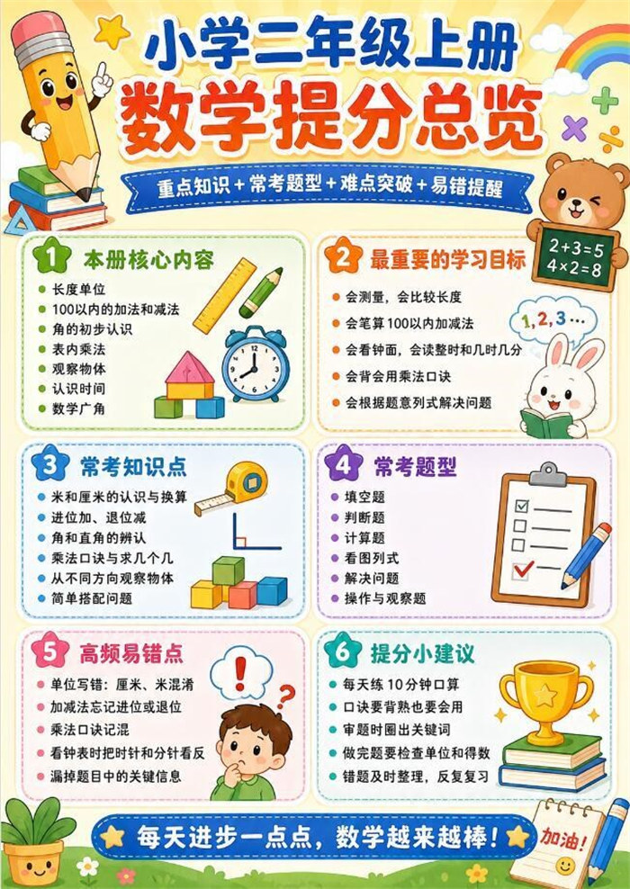 【10页高彩版】26秋小学数学二年级上册知识点总结和学习技巧.pdf
