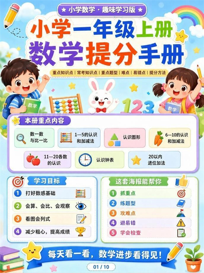 【10页高彩版】26秋小学数学一年级上知识点总结以及提分技巧.pdf