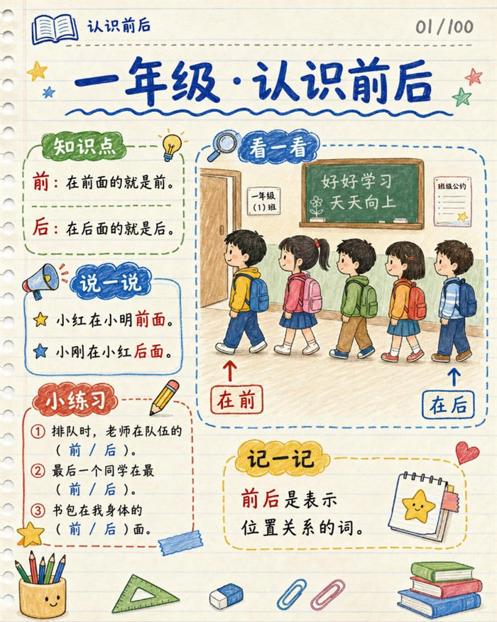 【10页高彩版】26秋一年级数学《位置》课堂笔记.pdf