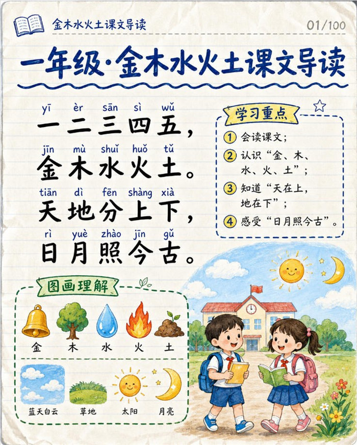【10页高彩版】26秋一年级语文《金木水土火》课堂笔记.pdf