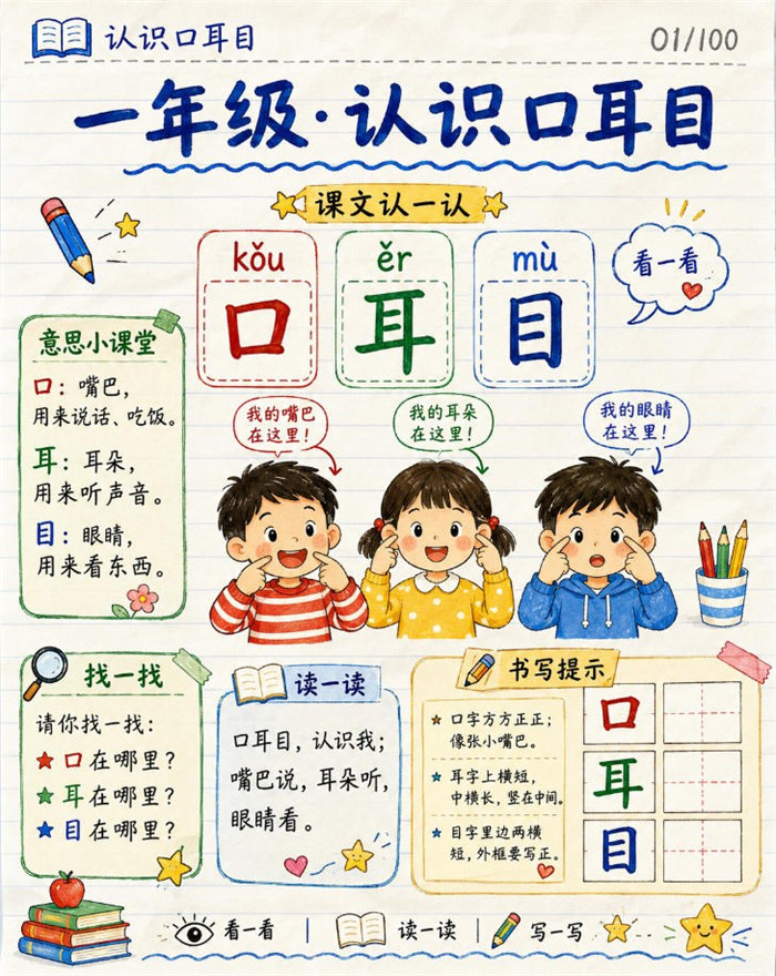 【10页高彩版】26秋一年级语文《口耳目》课堂笔记.pdf