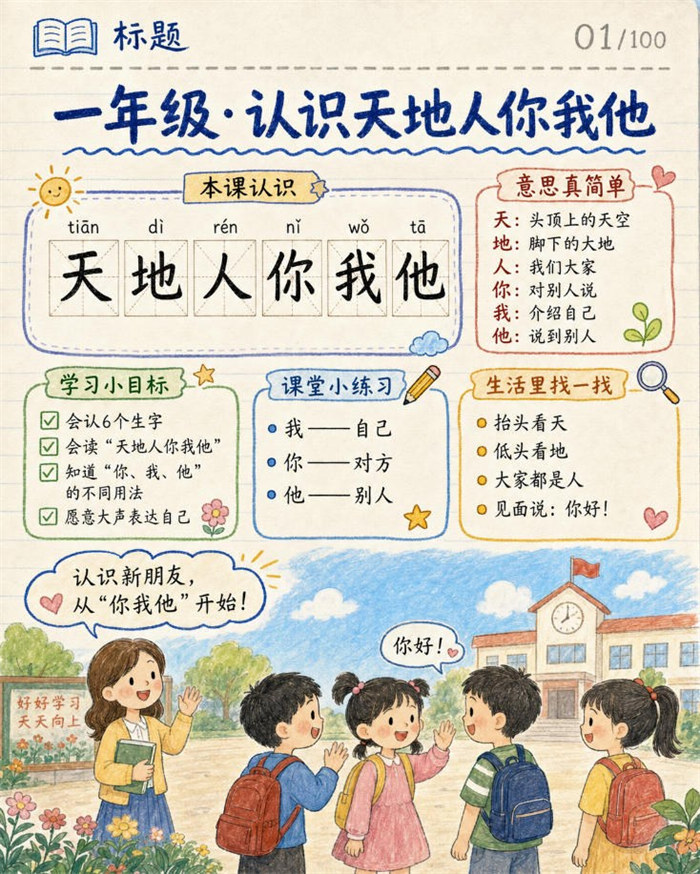 【10页高彩版】26秋一年级语文《天地人》课堂笔记.pdf
