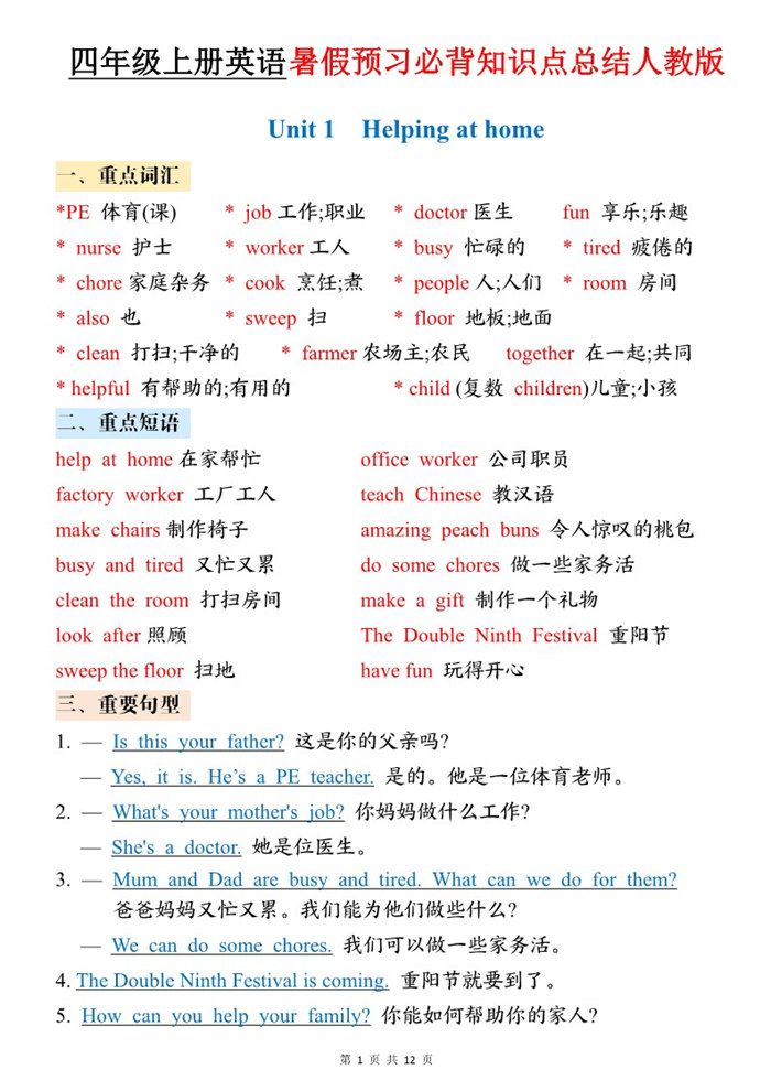 【12页完整版】26秋四年级(上)英语 暑假预习必背知识点总结《PEP版》.pdf