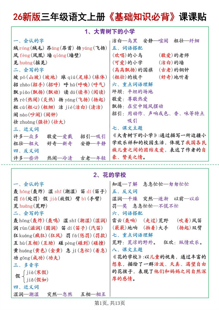 【13页完整版】26秋三年级语文上册《基础知识必背》课课贴.pdf