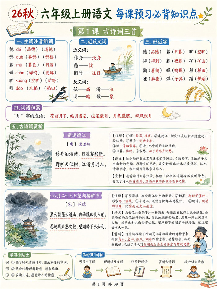 【39页高彩版】26秋六年级上册语文 每课预习必背知识点.pdf