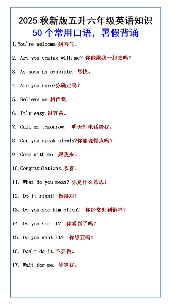【2025秋新版】五升六年级英语知识 50个常用口语,暑假背诵.docx